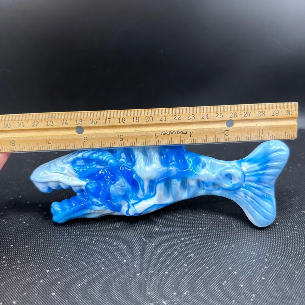 Hand Crafted Resin Fish Skeleton Figurines Blue Green Marbled Art Decor Set of 2